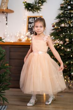 Little girl in princess dress celebrates christmas. Christmas magic fairy tale. Happy childhood.