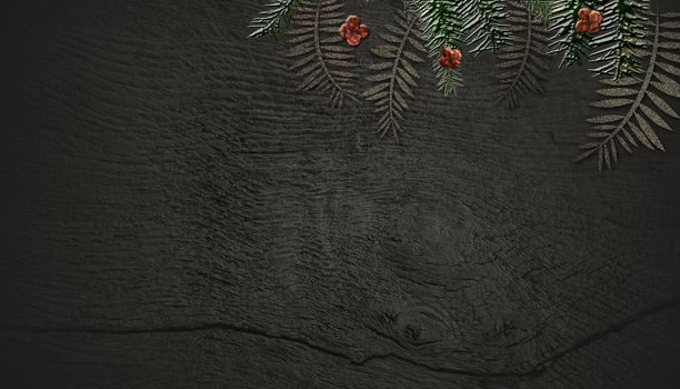 Christmas design on dark wooden background. 3D illustration