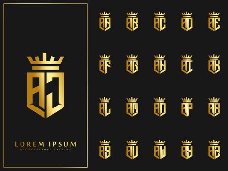 set of initial A letter with crown elements logo template. luxury gold initial shield shape alphabet vector design stock illustration.