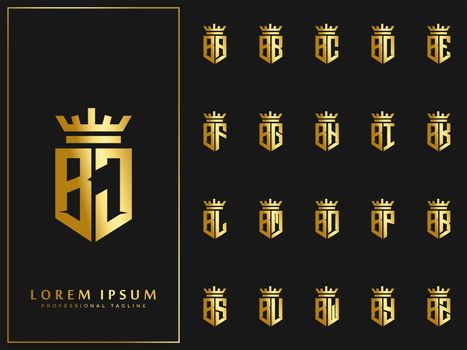 set of initial B letter with crown elements logo template. luxury gold initial shield shape alphabet vector design stock illustration.