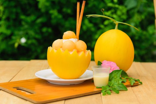 Melon Bingsoo with Sweetened Condensed Milk on wood table
