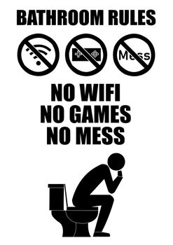 A set of bathroom rules with no wifi, no games and no mess icons and a silhouette person seating on a toilet.