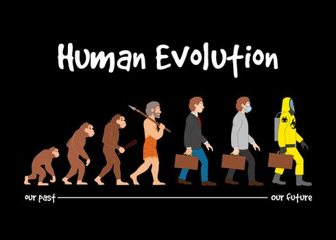 The human evolution from times of monkey to future of hazard suits.