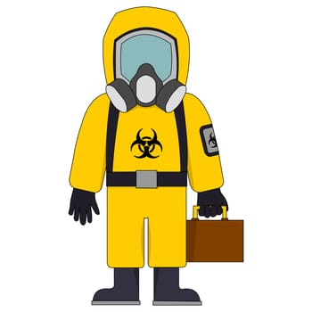 A yellow hazard suit holding a suitcase.