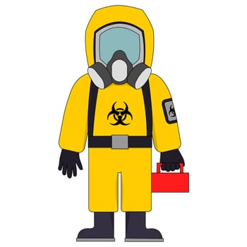 A yellow hazard suit holding a lunch box.