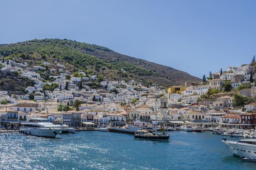 Hydra island harbor in the Saronic sea Greece