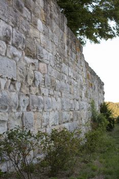 Old tall medieval stone castle wall overgrown with plants