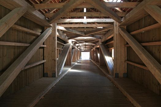 Inside a wooden covered bridge