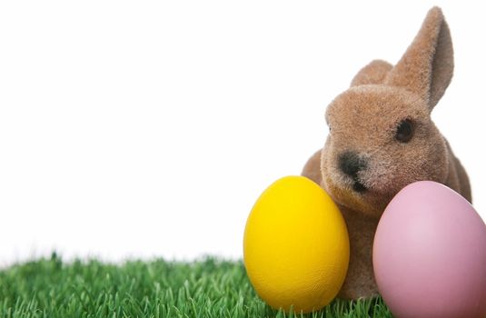 Easter bunny with two painted Easter eggs on white background with copy space