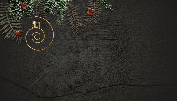 Christmas 2021 New Year wooden background. Hanging gold digit 2021, fir branches on grunge dark antique wooden background. Copy space, place for text, 3D render
