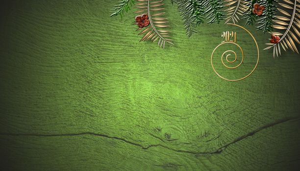 Christmas 2021 New Year background with decorations, hanging digit 2021 on green wooden board. Place for text. 3D illustartion
