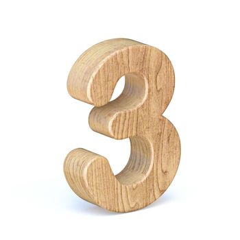 Rounded wooden font Number 3 THREE 3D render illustration isolated on white background