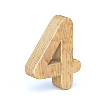 Rounded wooden font Number 4 FOUR 3D render illustration isolated on white background
