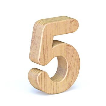 Rounded wooden font Number 5 FIVE 3D render illustration isolated on white background