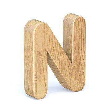 Rounded wooden font Letter N 3D render illustration isolated on white background