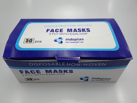 MANILA, PH - SEPT 21 - Indoplas disposable non woven face masks 3 ply with earloop on September 21, 2020 in Manila, Philippines.