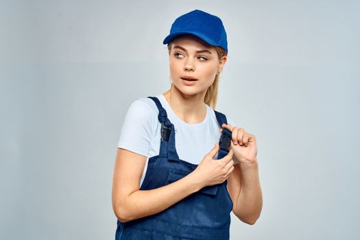 Working woman in uniform courier delivery service lifestyle. High quality photo