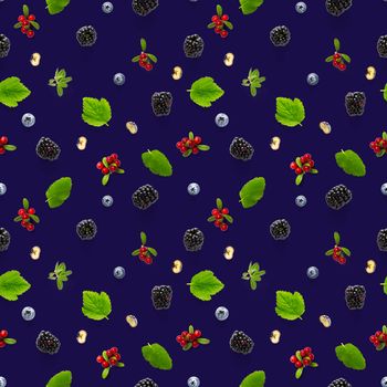 Creative seamless pattern of wild berries, blackberry, blueberry, lingonberry and bramble. modern seamless pattern on blue backgriund made from autumn forest wild berries. Forest berries mix