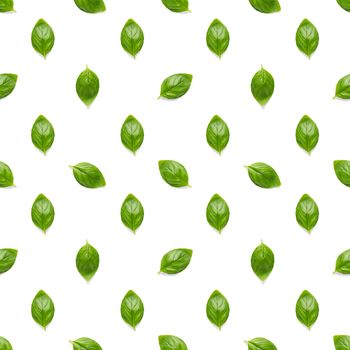 Italian Basil leaf herb seamless pattern on white background, Creative seamless pattern made from fresh green basil flat lay layout. Food ingredient seamless pattern.