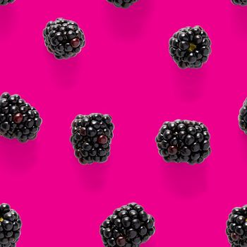 Bramble Seamless pattern. Fresh blackberry seamless pattern. Square pattern with fresh wild berries isolated on pink background. flat lay.