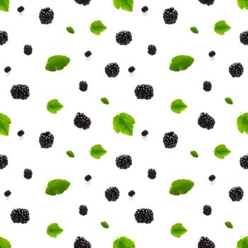 Falling Bramble Seamless pattern. Fresh Falling blackberry seamless pattern. Square pattern with fresh wild berries isolated on white background. flat lay.