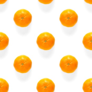 Fresh mandarin Seamles pattern. Ripe fruit tangerines seamless pattern. Fresh citrus isolated on white background pattern. Flat lay of Clementine. Mandarine modern tropical seamless background.