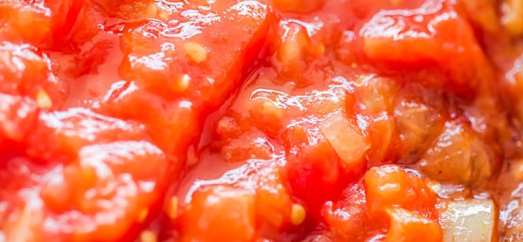 Cooking tomato sauce, closeup steamed vegetables for cook book or food blog backgrounds