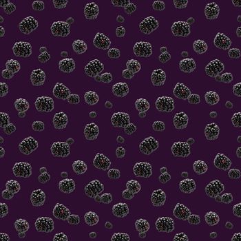 Falling Bramble Seamless pattern. Fresh Falling blackberry seamless pattern. Square pattern with fresh wild berries isolated on purpule background. flat lay.