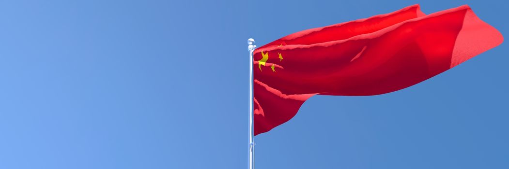 3D rendering of the national flag of China waving in the wind against a blue sky