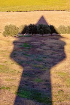 A large shadow cast by a building onto a meadow in late afternoon sunlight