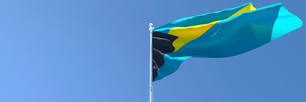 3D rendering of the national flag of Bahama islands waving in the wind against a blue sky