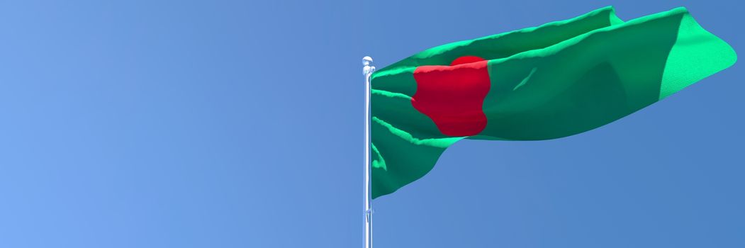 3D rendering of the national flag of Bangladesh waving in the wind against a blue sky