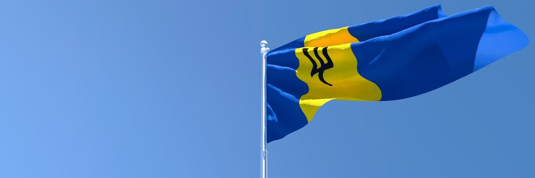 3D rendering of the national flag of Barbados waving in the wind against a blue sky