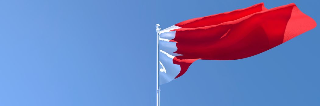 3D rendering of the national flag of Bahrain waving in the wind against a blue sky