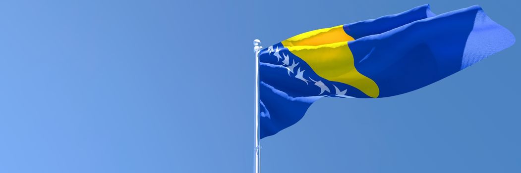 3D rendering of the national flag of Bosnia and Herzegovina waving in the wind against a blue sky