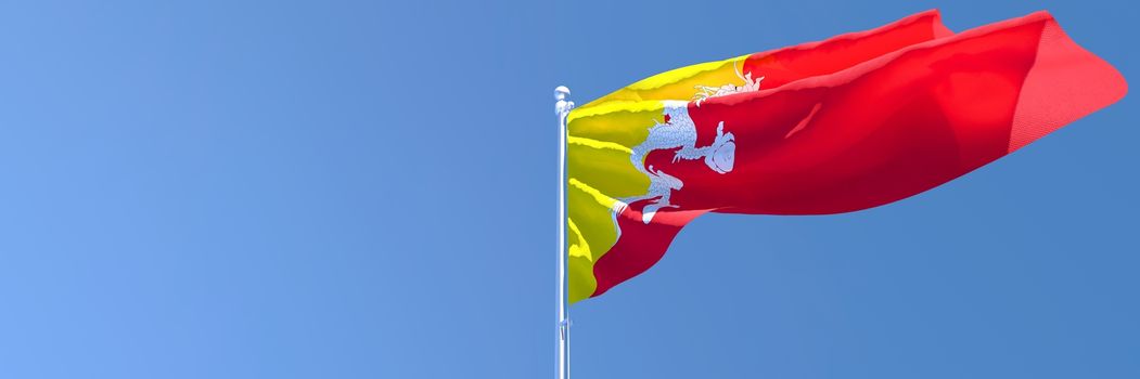 3D rendering of the national flag of Bhutan waving in the wind against a blue sky