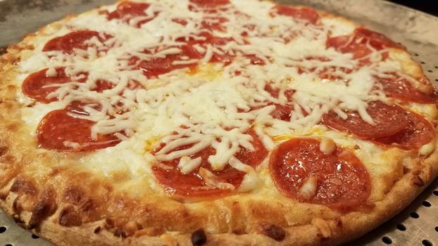 pepperoni pizza with cheese and grease on metal baking tray