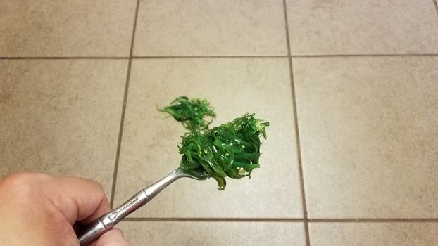 hand holding fork with gross green seaweed vegetable spilled on tile floor