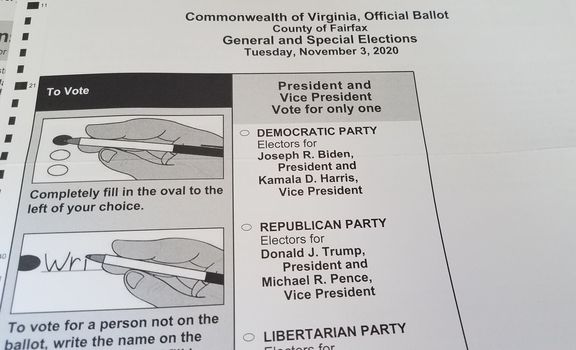 paper ballot for elections for 2020 for Virginia for President and Vice President
