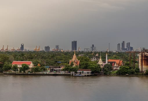 Aerial view on green area of Bang kachao lung and with Chao Phraya River. Beautiful nature. Selective focus.