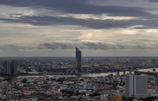 Bangkok, thailand - Sep 20, 2020 : Beautiful city view of Bangkok Before the rain at sunset creates relaxing feeling for the rest of the day. Selective focus.