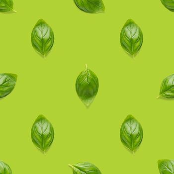 Italian Basil leaf herb seamless pattern on green background, Creative seamless pattern made from fresh green basil flat lay layout. Food ingredient seamless pattern.