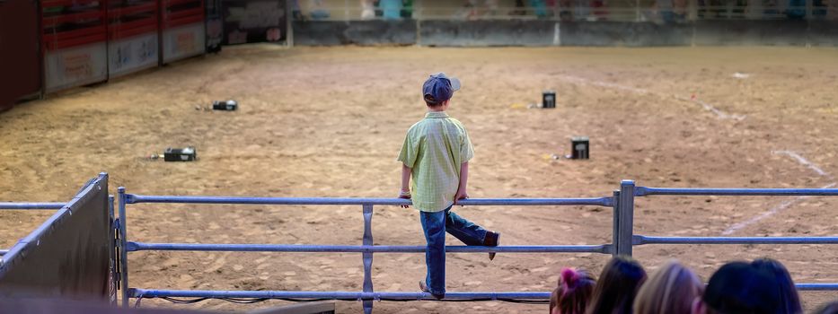 Young boy watching sitting on the rails watching an indoor rodeo