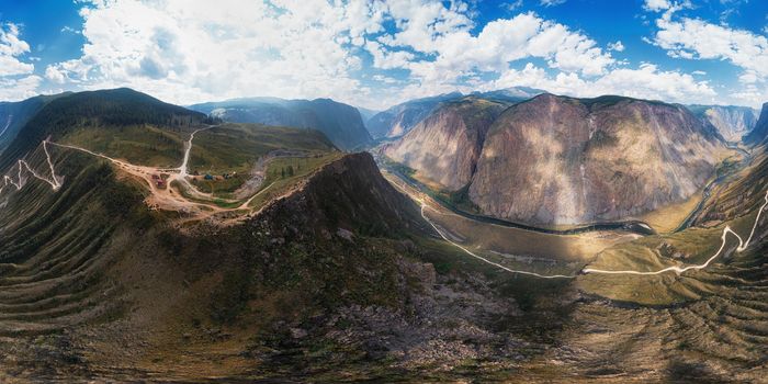 Full 360 equirectangular panorama of aerial view to the Katu Yaryk mountain pass and the valley of the river of Chulyshman. Altai Republic, Russia, beautiful summer day. Virtual reality content