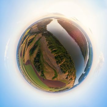 360 spherical panorama of aerial top vew of river landscape in sunny summer evening. Top view of siberian Ob river from high attitude in summer sunset. Virtual reality content