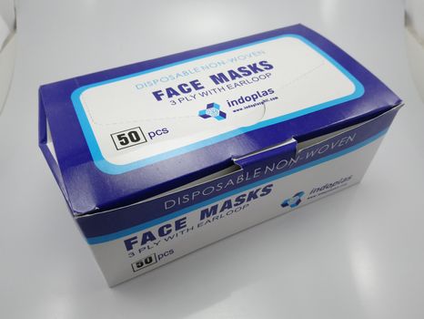 MANILA, PH - SEPT 21 - Indoplas disposable non woven face masks 3 ply with earloop on September 21, 2020 in Manila, Philippines.