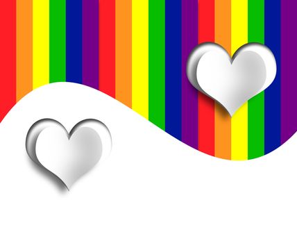 LGBT rainbow colors and 2 white 3D hearts. White background. Place for text. 3D illustration