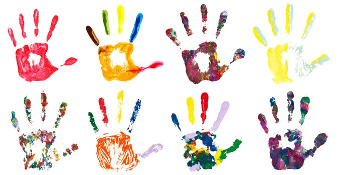 Set of colorful hand prints, isolated on white background. Collection of color art hand painted.