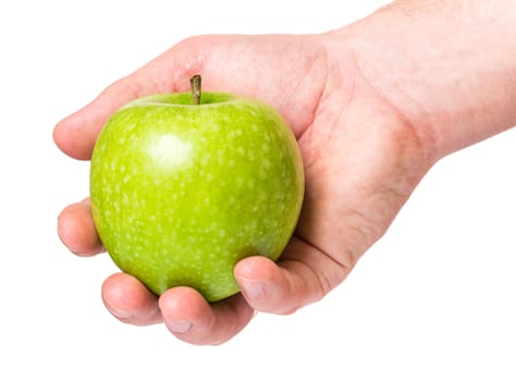 Male hand holding green apple, isolated on white background.