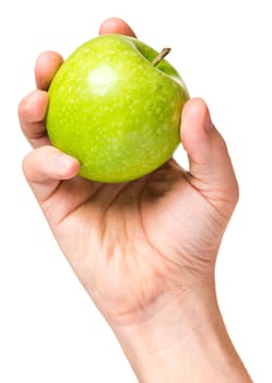 Male hand holding green apple, isolated on white background.